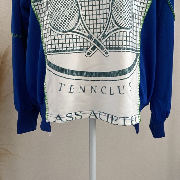 pieced sweatshirt top trendy mixed media long sleeve embroidered blue white M - Picture 5 of 16